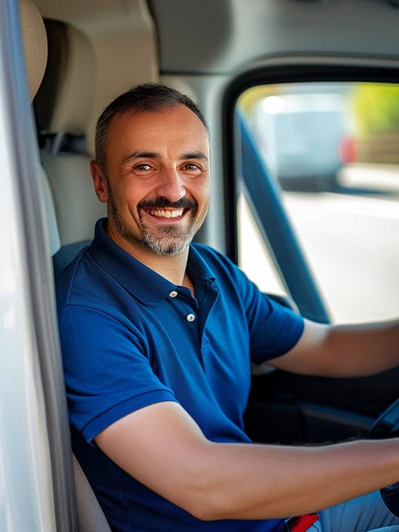 a man driving a white van smiling