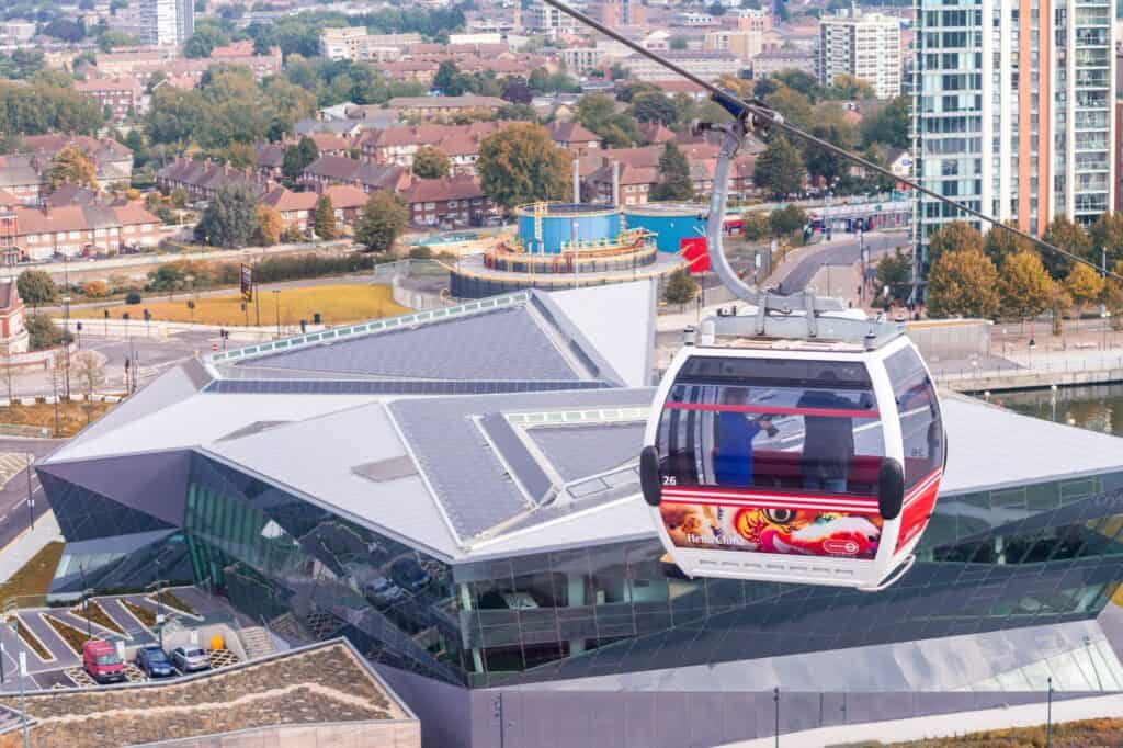 Visitors inside the Emirates Cable Car in North Greenwich