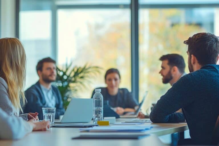 A small group of employees discussing the office move in the concept of 'How to Inform Employees About an Office Move'.